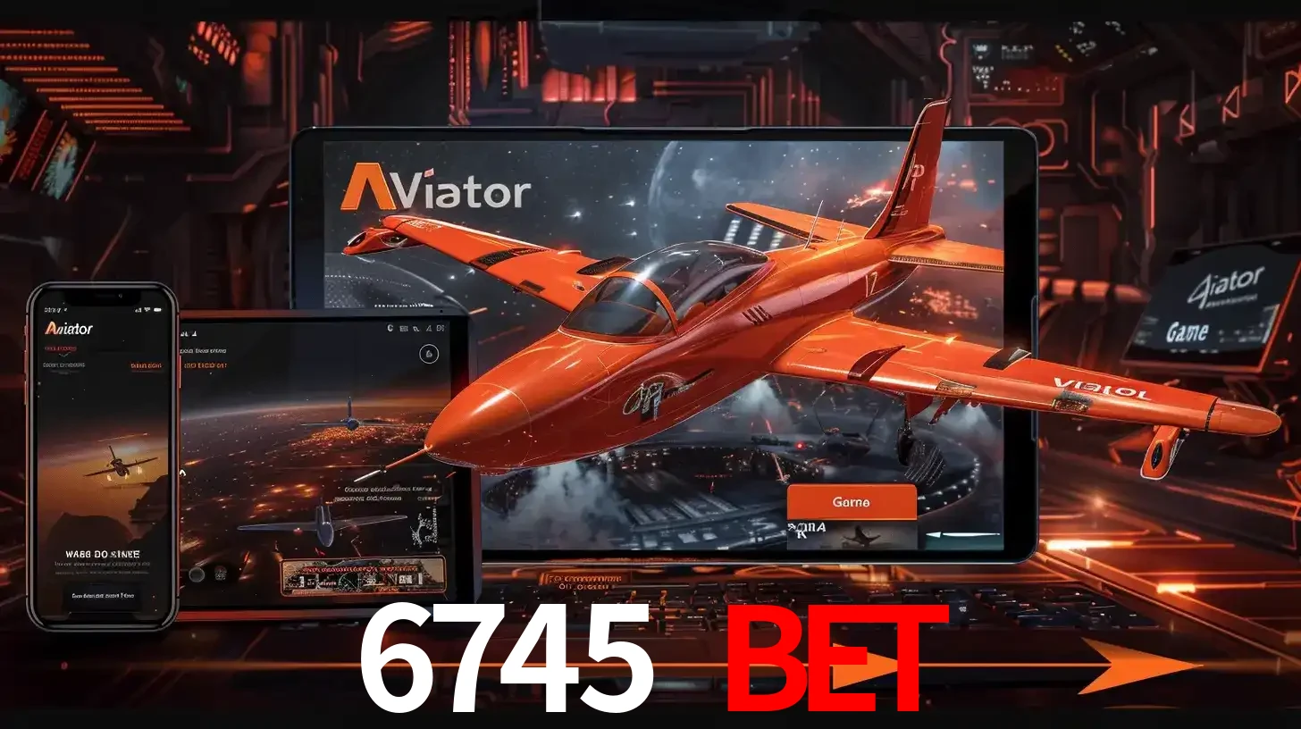 Apresentação tecnológica do jogo Aviator com um avião saindo da tela de um tablet, demonstrando a experiência imersiva em múltiplos dispositivos no 6745 BET.