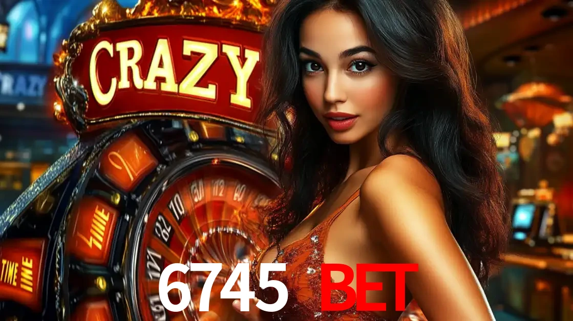 Mulher glamourosa olhando para a câmera com a roda vermelha do Crazy Time ao fundo em um ambiente de cassino, destacando a emoção dos jogos ao vivo no 6745 BET.