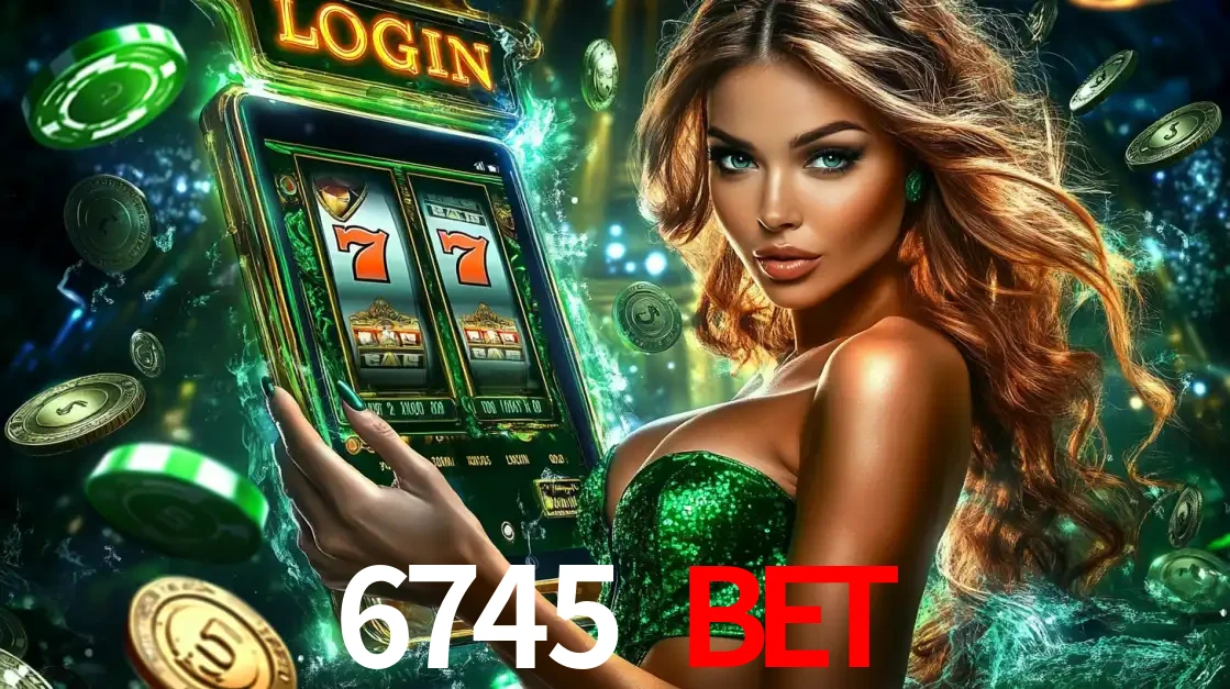 Mulher com tema verde apresentando o aplicativo do cassino 6745 BET com um jogo de slot de 777, cercada por fichas de cassino e uma aura de sorte.