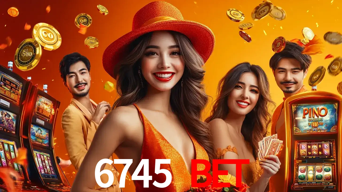 Grupo de amigos asiáticos sorrindo e se divertindo com máquinas de caça-níqueis em um ambiente festivo, celebrando suas vitórias nos jogos de cassino do 6745 BET.