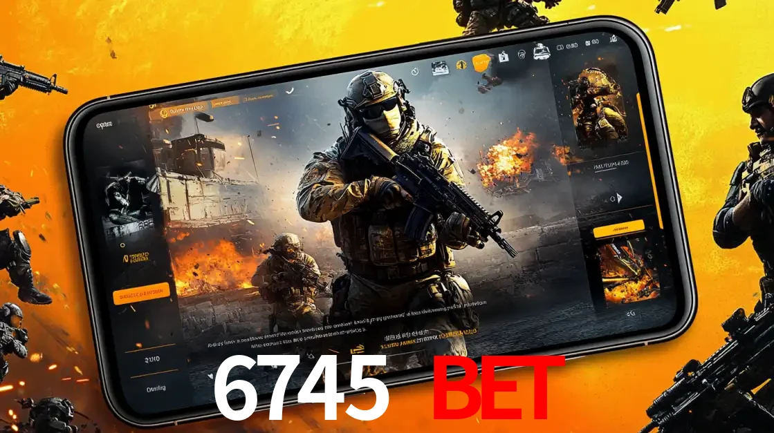 Um smartphone exibindo a interface de um jogo de tiro em primeira pessoa, com um soldado em um cenário de batalha, representando a ação dos e-sports para apostar no 6745 BET.