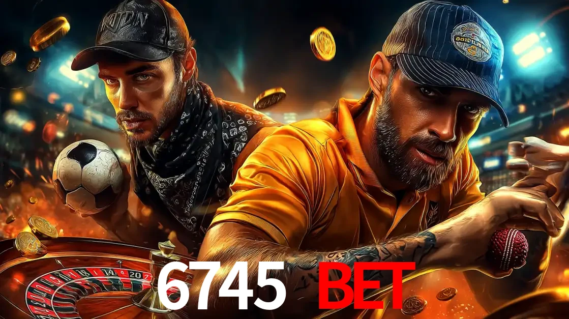 Montagem de apostas esportivas e cassino no 6745 BET, com um homem segurando uma bola de futebol e outro uma de beisebol sobre uma roleta e moedas voadoras.