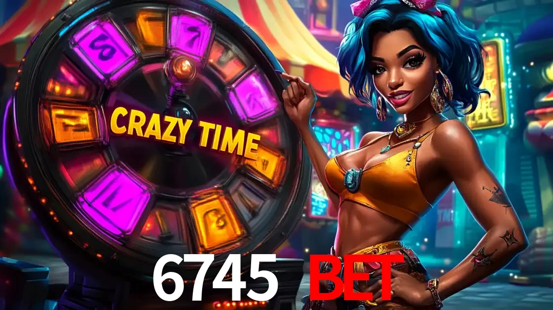 Mulher estilizada com cabelo azul e visual vibrante posando ao lado da roda de prêmios do game show Crazy Time, convidando para a diversão e os bônus do cassino 6745 BET.