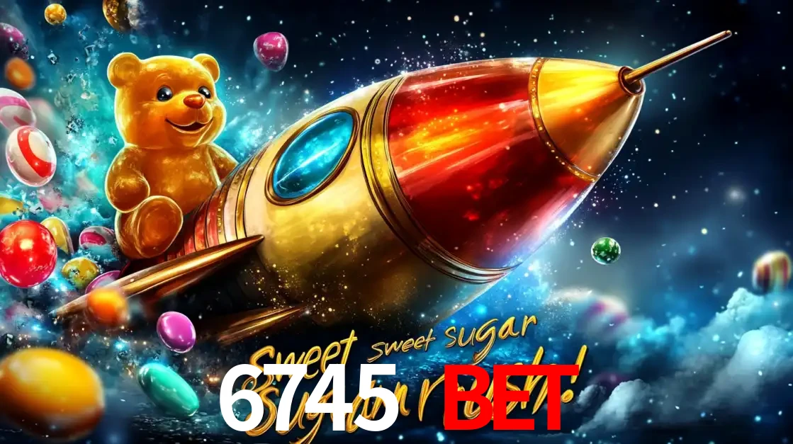 Arte promocional do jogo de slot Sugar Rush, com um urso de pelúcia em um foguete viajando pelo espaço de doces, um dos jogos divertidos disponíveis no cassino 6745 BET.