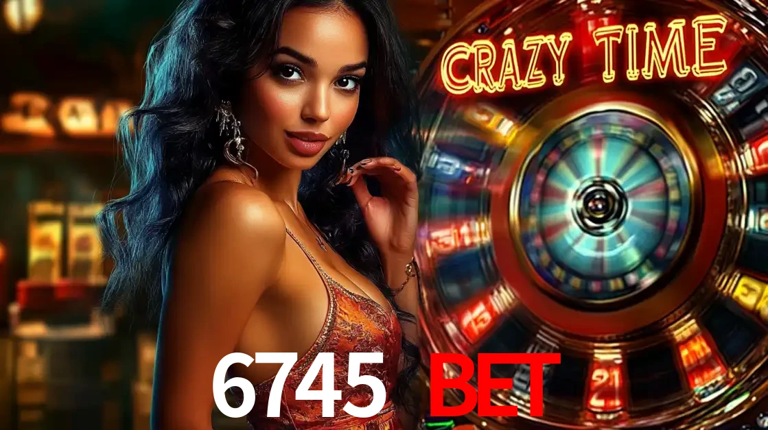 Mulher elegante ao lado da vibrante roda da fortuna do jogo de cassino ao vivo Crazy Time, um dos game shows mais populares e cheios de prêmios do 6745 BET.