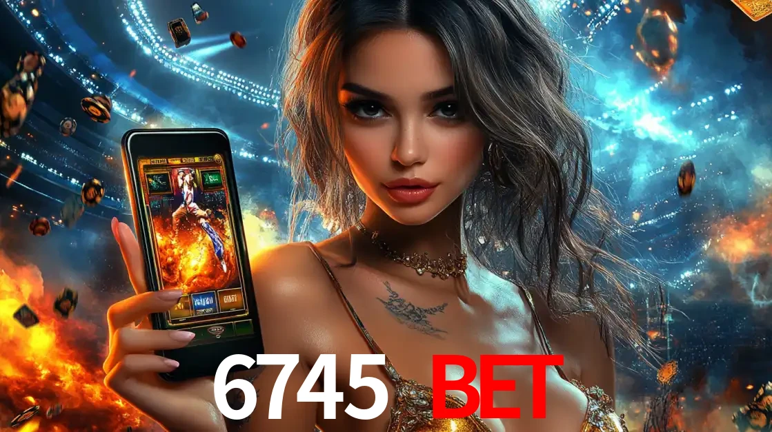 Mulher segurando um celular com um jogo de slot em destaque, tendo como fundo um estádio vibrante, simbolizando a emoção de jogar no cassino móvel 6745 BET.