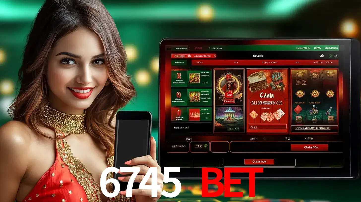 Mulher sorridente segurando um smartphone, ao lado de uma tela exibindo o lobby de jogos do cassino online 6745 BET, com várias opções de jogos de cartas e slots.